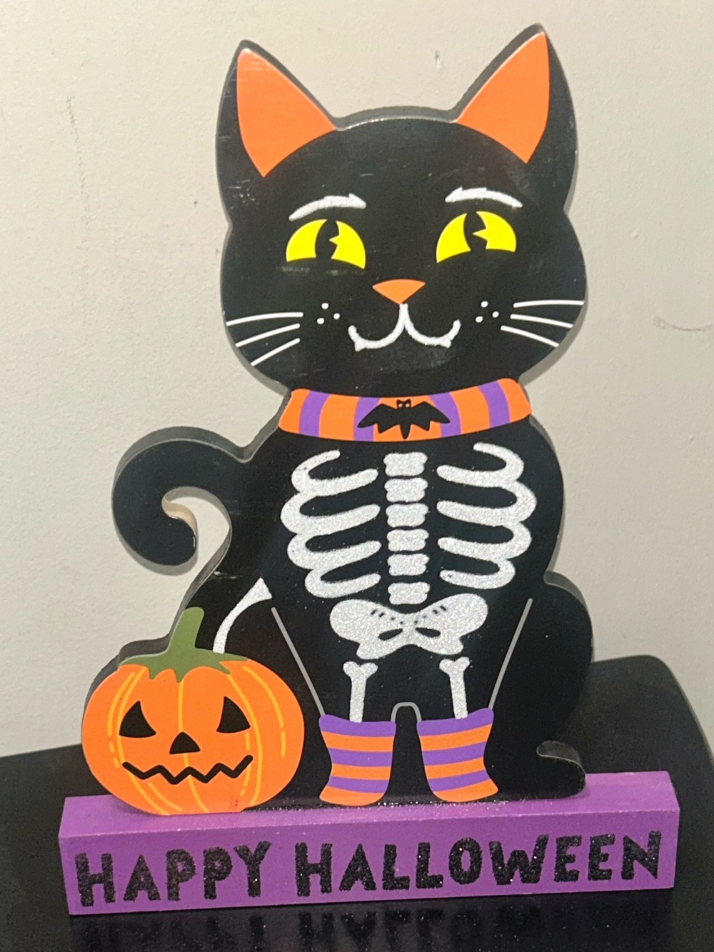 Halloween Black Cat Decorative Sign with Orange Pumpkin